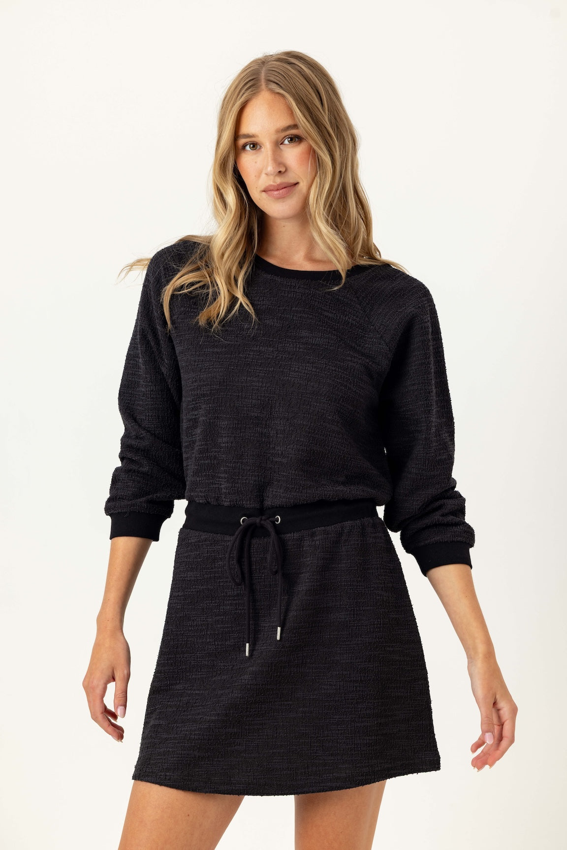Atlas Boucl Dress - Long Sleeve Tie Waist Midi Dress | We Are Sundays L / Black Atlas Boucl Dress - Long Sleeve Tie Waist Midi Dress | We Are Sundays L / Black