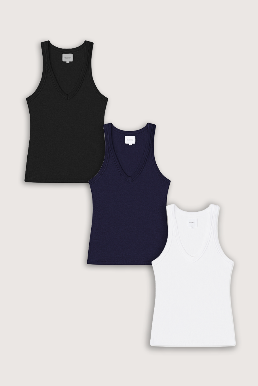 Our best-selling ribbed tank, now offered in a 3-pack. Save 15% with the bundled price.