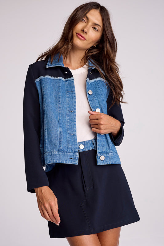 Mixed media perfection: the Hendrix jacket is an update to the classic denim jacket, made from 100% cotton denim and our signature lux gabardine fabric. True to size, Hendrix features a full button closure and raw edge detailing. Create a matching look by pairing it with the Shon skirt.&nbsp;